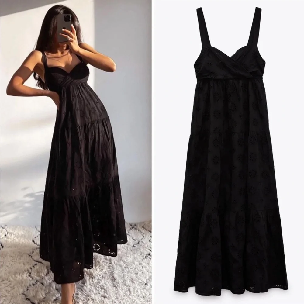 Zara / Cutwork Embroidery Midi Black Dress - Picture 1 of 7
